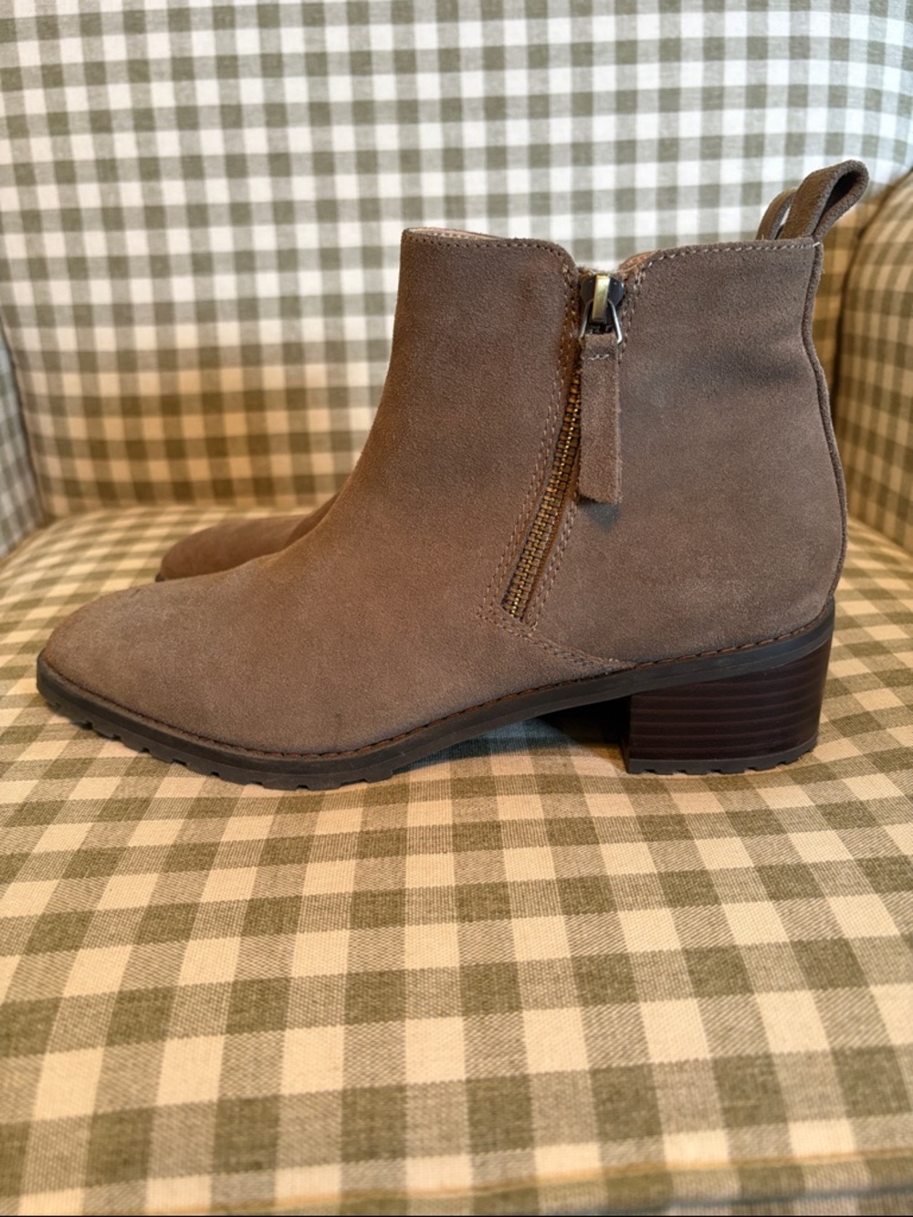 Blondo Taupe Suede Ankle Booties with Low Block Heel